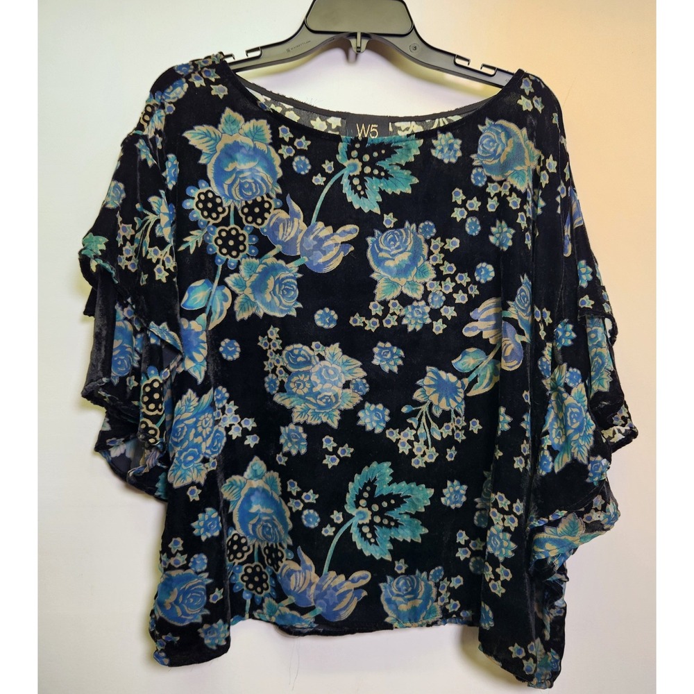 Vtg Velvet Burnout Floral Ruffle‎ Flutter Short Sleeve Top XL Black Whimsigoth